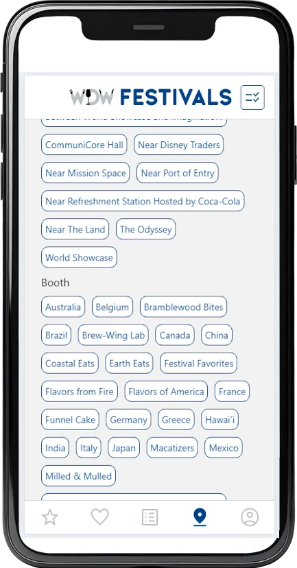 WDW Festivals app on phone showing booths and locations for Disney food festivals and theme park events.