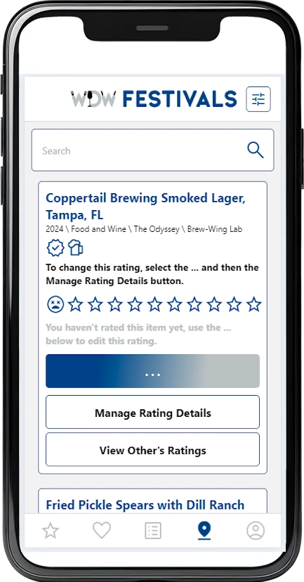 WDW Festivals app interface showing festival ratings and reviews for Disney food and beverage events at theme parks.